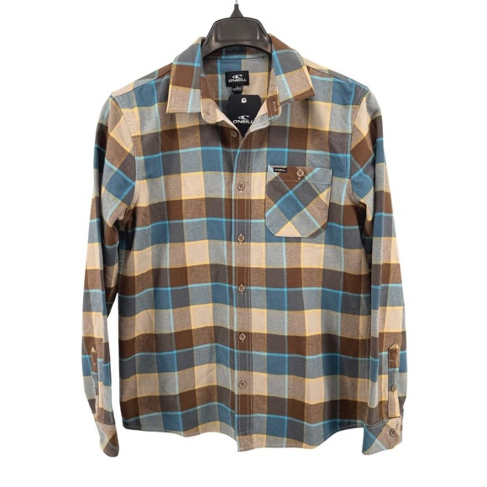 NEW O'Neill Windham Flannel‎ Mens Small Standard Fit Button Up Brown Blue Plaid